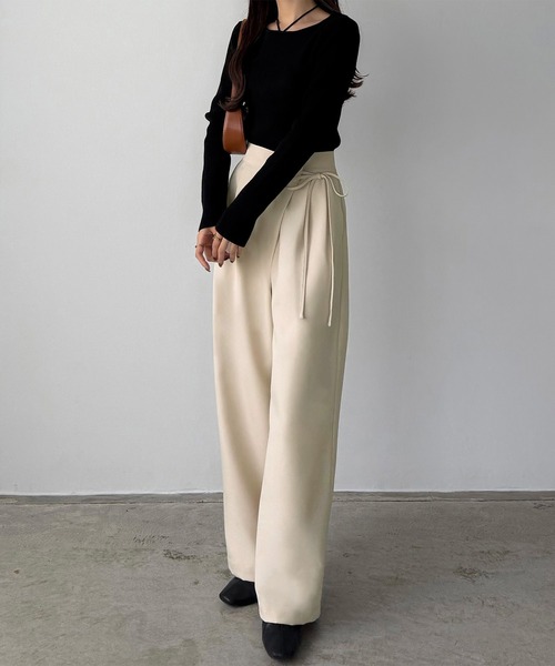 セール】薄手ラップリボンスラックスパンツ（裏地無し）（スラックス