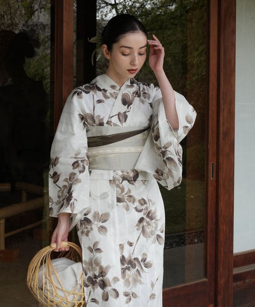 utatane×Acka 浴衣3set 山茶花 white（lame）beige utatane×Acka.］山茶花 white（lame）浴衣3set – Acka online store