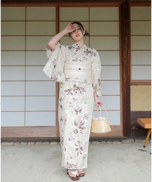 utatane×Acka.］浴衣3set 山茶花 white（lame）・beige（浴衣