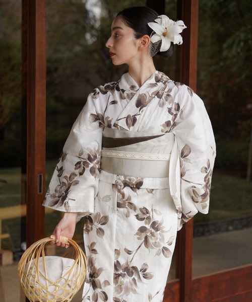 utatane×Acka.］浴衣3set 山茶花 white（lame）・beige（浴衣
