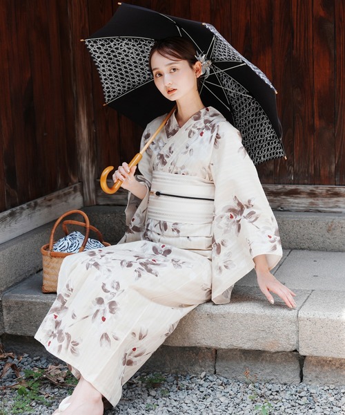 utatane×Acka.］浴衣3set 山茶花 white（lame）・beige（浴衣