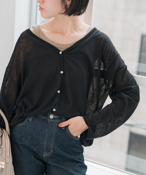Spick & Span（スピックアンドスパン）の「シアーカーディガン（カーディガン/ボレロ・レディース・ブラック/ホワイト×ホワイト/ブルー/ネイビー・FREE）」の12枚目の写真