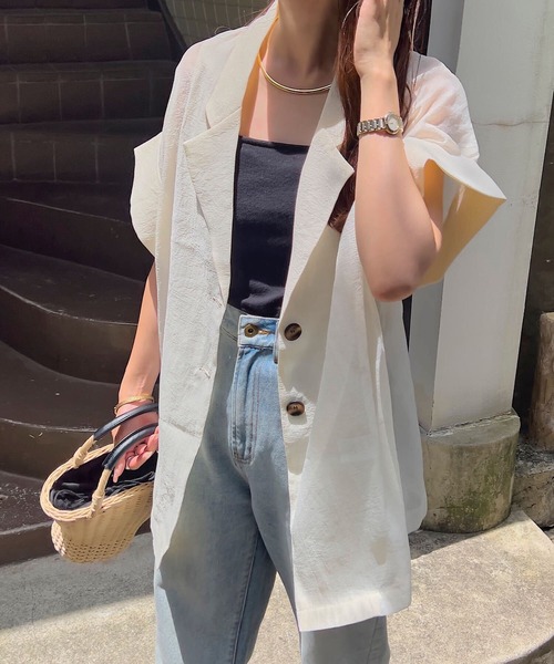 KOBE LETTUCE(コウベレタス)の「半袖シアーテーラードジャケット(テーラードジャケット・レディース・アイボリー/ブラック/ブラウン・M)」の5枚目の写真