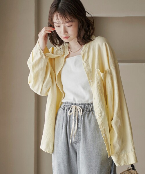 coen(コーエン)の「【追加】リネンレーヨンバンドカラーシャツ(シャツ/ブラウス・レディース・ブラック/ナチュラル/その他1/その他2/クリーム・M/L)」の1枚目の写真