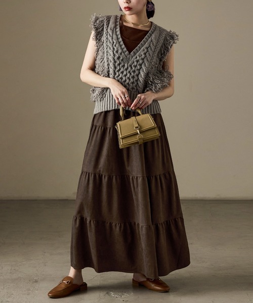 Fashion Letter(ファッションレター)の「スエードティアードロングスカート(スカート・レディース・キャメル/アイボリー/ブラウン・M)」の20枚目の写真