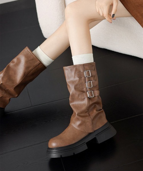 WEGO（ウィゴー）の「WEGO/厚底カバーベルトミドルブーツ（ブーツ・レディース・ブラウン/ブラック・MEDIUM/LARGE）」の10枚目の写真