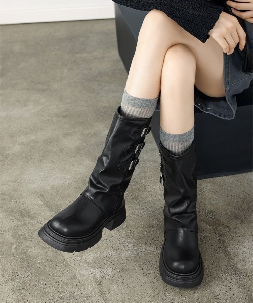 WEGO（ウィゴー）の「WEGO/厚底カバーベルトミドルブーツ（ブーツ・レディース・ブラウン/ブラック・MEDIUM/LARGE）」の5枚目の写真