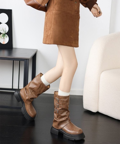 WEGO（ウィゴー）の「WEGO/厚底カバーベルトミドルブーツ（ブーツ・レディース・ブラウン/ブラック・MEDIUM/LARGE）」の8枚目の写真