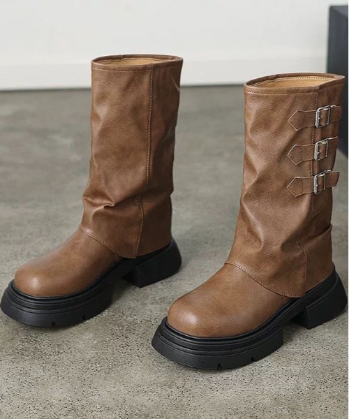 WEGO（ウィゴー）の「WEGO/厚底カバーベルトミドルブーツ（ブーツ・レディース・ブラウン/ブラック・MEDIUM/LARGE）」の14枚目の写真