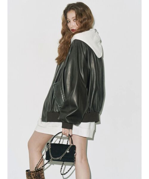 EVRIS（エヴリス）の「ヴィンテージライクフェイクレザーブルゾン【セットアップ着用可能】（ブルゾン・レディース・ブラック/ブラウン・FREE）」の13枚目の写真