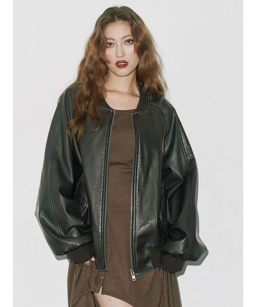 EVRIS（エヴリス）の「ヴィンテージライクフェイクレザーブルゾン【セットアップ着用可能】（ブルゾン・レディース・ブラック/ブラウン・FREE）」の15枚目の写真