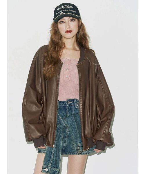 EVRIS（エヴリス）の「ヴィンテージライクフェイクレザーブルゾン【セットアップ着用可能】（ブルゾン・レディース・ブラック/ブラウン・FREE）」の20枚目の写真