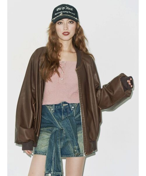 EVRIS（エヴリス）の「ヴィンテージライクフェイクレザーブルゾン【セットアップ着用可能】（ブルゾン・レディース・ブラック/ブラウン・FREE）」の21枚目の写真