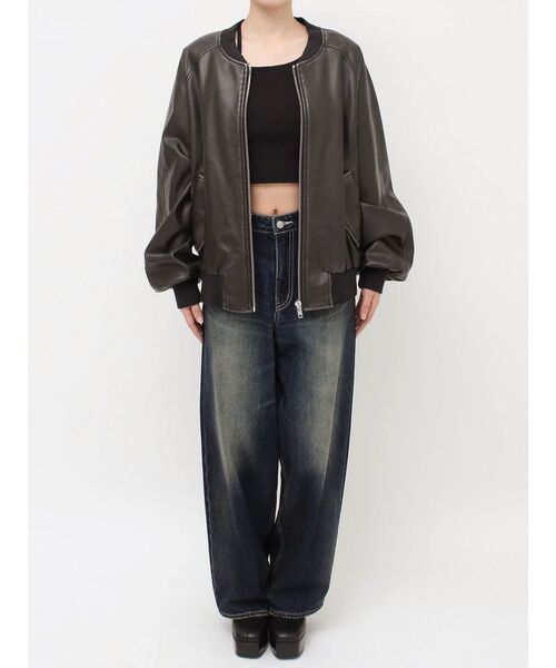 EVRIS（エヴリス）の「ヴィンテージライクフェイクレザーブルゾン【セットアップ着用可能】（ブルゾン・レディース・ブラック/ブラウン・FREE）」の8枚目の写真