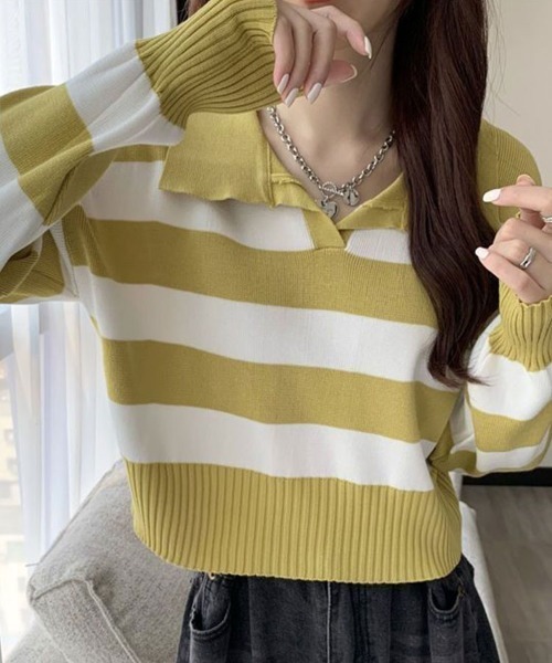 SallyLunn(サリーラン)の「ボーダーカラーニットプルオーバー(ニット/セーター・レディース・ホワイト/イエロー・MEDIUM/LARGE)」の3枚目の写真