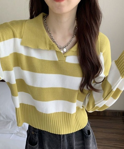 SallyLunn(サリーラン)の「ボーダーカラーニットプルオーバー(ニット/セーター・レディース・ホワイト/イエロー・MEDIUM/LARGE)」の8枚目の写真