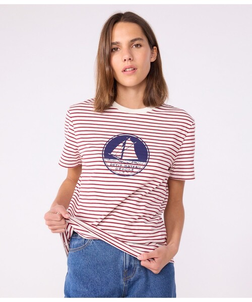 PETIT BATEAU（プチバトー）の「半袖Ｔシャツ（Tシャツ/カットソー・レディース・ホワイト×レッド・X-SMALL/SMALL/MEDIUM/LARGE）」の2枚目の写真