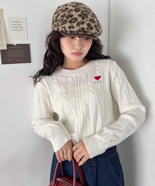 セール】ワンポイントハートケーブル編みニットトップス（ニット
