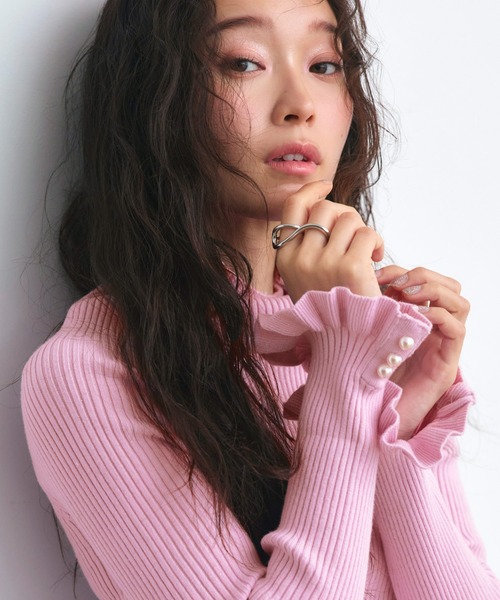 洗える ストレッチ ｜ 袖口 ニット フリル ＆ パール RIB ニット