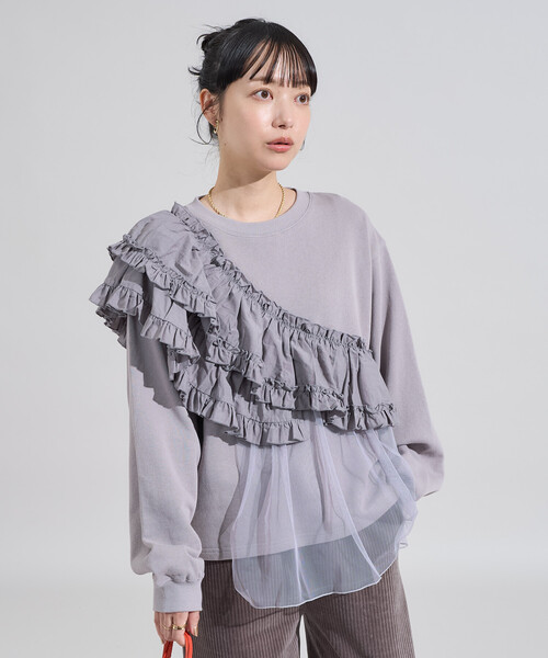 FREAK'S STORE（フリークスストア）の「フリルチュール ドッキングスウェット/異素材ドッキング（スウェット・レディース・オフホワイト/ブルー/ブラウン系その他/ブラック・ﾌﾘ-）」の9枚目の写真