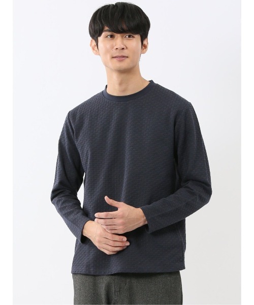 TAKA-Q(タカキュー)の「【ストレッチ】タカキュー バスケットジャガード クルーネック 長袖 Tシャツ(Tシャツ/カットソー・メンズ・ホワイト/ネイビー・MEDIUM/LARGE/X-LARGE)」の1枚目の写真