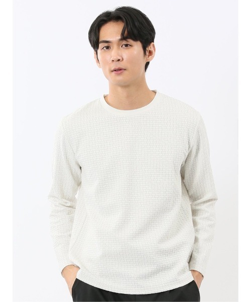 TAKA-Q(タカキュー)の「【ストレッチ】タカキュー バスケットジャガード クルーネック 長袖 Tシャツ(Tシャツ/カットソー・メンズ・ホワイト/ネイビー・MEDIUM/LARGE/X-LARGE)」の2枚目の写真