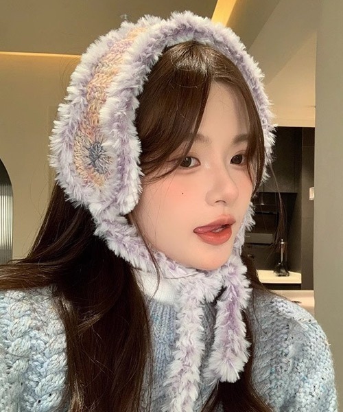 セール】フェイクファー手編み風カラフルニットイヤーマフラー 耳当て