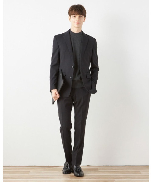 SUIT SELECT(スーツセレクト)の「【おうちで洗えるストレッチスーツ】【すぐ着られるパンツ裾上げ済仕様】【SLIM TAPERED】【年間】2釦シングルテーパードパンツスーツ 0タック/シャドーストライプ/ウエストシャーリング/「4S」(スーツセット・メンズ・ブラック/ネイビー・A5/Y5/Y4/A6/A4/AB6/AB4/AB5/Y6)」の2枚目の写真