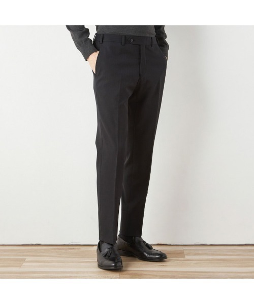 SUIT SELECT(スーツセレクト)の「【おうちで洗えるストレッチスーツ】【すぐ着られるパンツ裾上げ済仕様】【SLIM TAPERED】【年間】2釦シングルテーパードパンツスーツ 0タック/シャドーストライプ/ウエストシャーリング/「4S」(スーツセット・メンズ・ブラック/ネイビー・A5/Y5/Y4/A6/A4/AB6/AB4/AB5/Y6)」の6枚目の写真