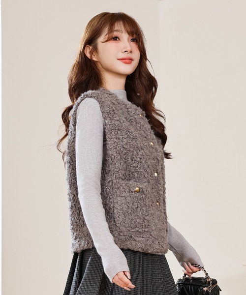 セール】プードルファー メタル ボタン ダブルポケット ベスト（ベスト