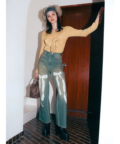 EVRIS（エヴリス）の「ハイウエストリボンレースワイドデニムパンツ（デニムパンツ・レディース・ブルー/インディゴブルー・MEDIUM/SMALL）」の9枚目の写真