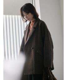 レディースのノーカラージャケット（ブラウン/茶色系・チェック柄