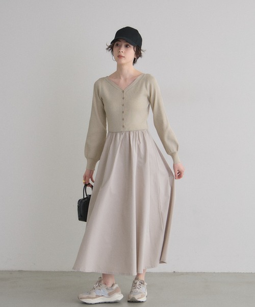 &. NOSTALGIA(アンドドットノスタルジア)の「布帛ドッキングニットワンピース(ワンピース・レディース・アイボリー/チャコールグレー/ブラウン・M)」の6枚目の写真