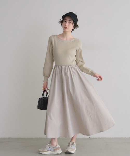 &. NOSTALGIA(アンドドットノスタルジア)の「布帛ドッキングニットワンピース(ワンピース・レディース・アイボリー/チャコールグレー/ブラウン・M)」の11枚目の写真