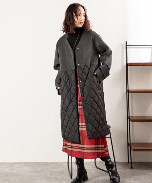 MILLION CARATS（ミリオンカラッツ）の「【軽くてあったか・こなれ映え】キルティング切り替えで細見え！抜け感Vネックが大人カジュアルにハマる上品コート（その他アウター・レディース・チャコールグレー/ブラック・FREE）」の2枚目の写真
