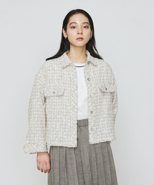 K.T KIYOKO TAKASE(キヨコタカセ)の「〔 TALLサイズ 〕 サマーツイード クロプトシャツ(シャツ/ブラウス・レディース・グリーン/チャコール・15号)」の1枚目の写真