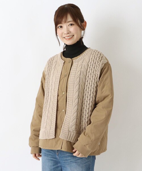 one'sterrace(ワンズテラス)の「中綿キルティングニットコンビジャケット(ブルゾン・レディース・グレー系4/ベージュ系8・02)」の1枚目の写真