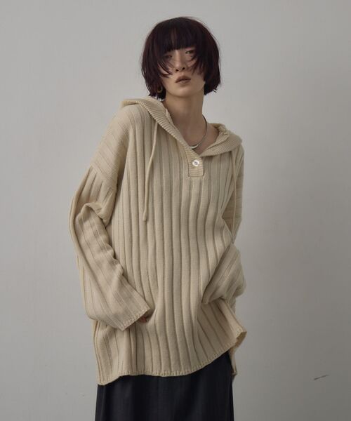 kivi（キヴィ）の「フードリブニット（ニット/セーター・レディース・ダークグレー/ブラック/ナチュラル・FREE）」の4枚目の写真