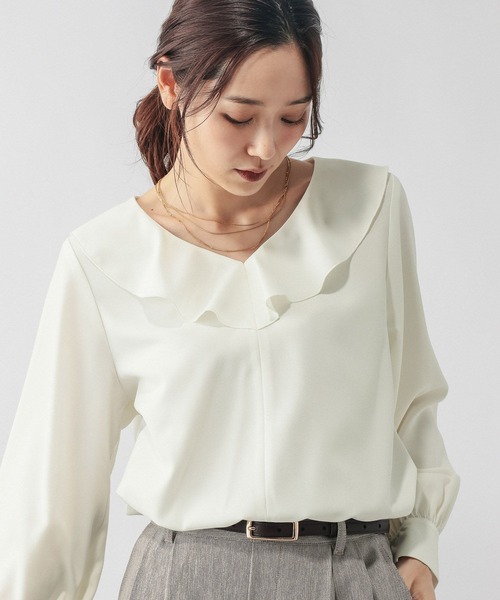 GLOBAL WORK（グローバルワーク）の「アソートフリルブラウス/601183（シャツ/ブラウス・レディース・オフホワイト/その他35/ブラック系その他・LARGE/MEDIUM）」の9枚目の写真