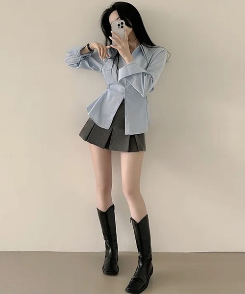 WEGO(ウィゴー)の「WEGO/【大人気】ウエストシェイプワントーンタックシャツ(シャツ/ブラウス・レディース・サックスブルー/ホワイト/ネイビー・MEDIUM/LARGE)」の9枚目の写真