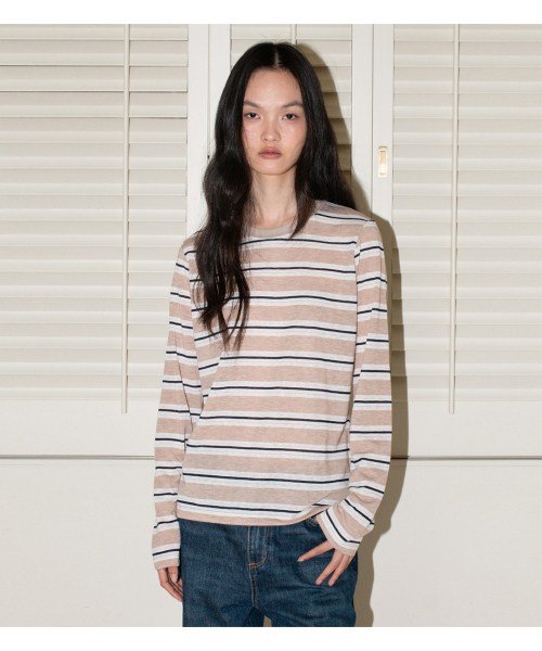 ストライプロングスリーブ - ベージュ