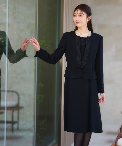 喪服・礼服】洗える防しわ飾りリボン付きレース使いストレッチノー