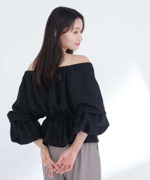NATURAL BEAUTY BASIC(ナチュラルビューティーベーシック)の「◇メッシュギャザーペプラムブラウス(シャツ/ブラウス・レディース・ライトグリーン/ブラック/オフホワイト/ダークオレンジ・SMALL/MEDIUM)」の5枚目の写真