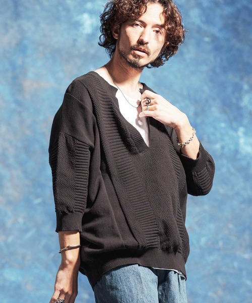 Jih Nunc（ジーヌンク）の「mn3225-ディープVキーネック7分袖ニットプルオーバー（ニット/セーター・メンズ・チャコール/ブラック・M/L/S）」の2枚目の写真