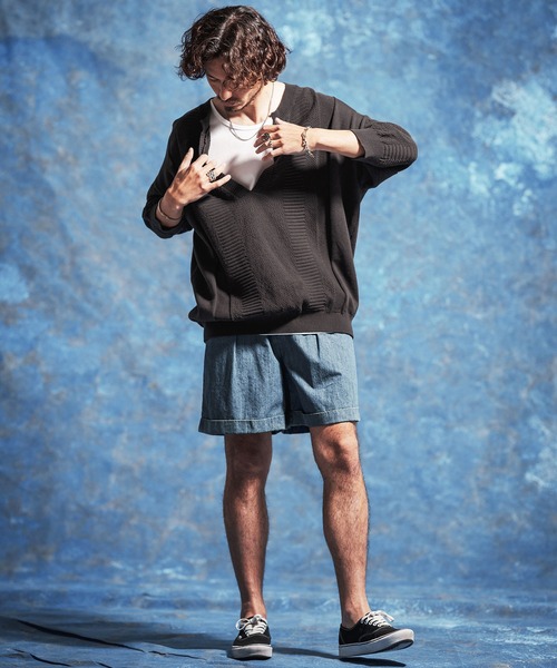 Jih Nunc（ジーヌンク）の「mn3225-ディープVキーネック7分袖ニットプルオーバー（ニット/セーター・メンズ・チャコール/ブラック・M/L/S）」の12枚目の写真