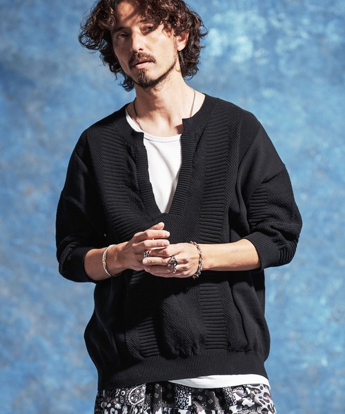 Jih Nunc（ジーヌンク）の「mn3225-ディープVキーネック7分袖ニットプルオーバー（ニット/セーター・メンズ・チャコール/ブラック・M/L/S）」の13枚目の写真