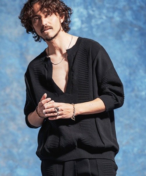 Jih Nunc（ジーヌンク）の「mn3225-ディープVキーネック7分袖ニットプルオーバー（ニット/セーター・メンズ・チャコール/ブラック・M/L/S）」の14枚目の写真