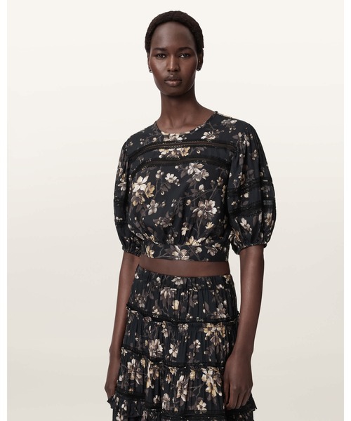 ALLSAINTS(オールセインツ)の「PEONY LACE TRIM CROPPED TOP | PEONY レース トリム クロップド トップ(その他トップス・レディース・ブラック・4/6/8/10)」の1枚目の写真