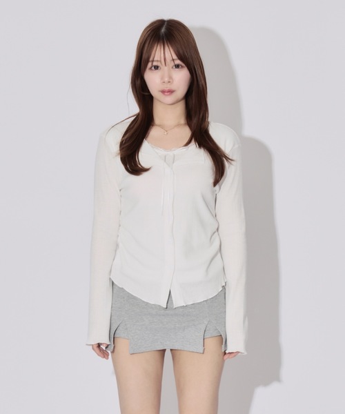 ALLuRing ChaRm(アリュリングチャーム)の「Layered Ribbon Rib Cardigan / レイヤードリボンリブカーディガン(カーディガン/ボレロ・レディース・グレー/ブラック/ホワイト・FREE)」の14枚目の写真