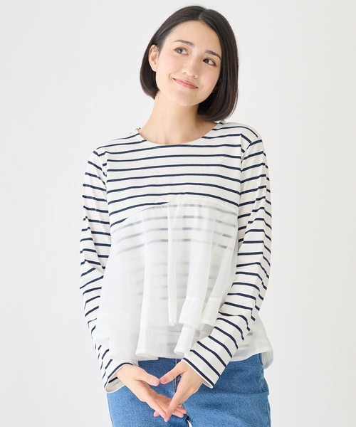 petit main LIEN（プティマインリアン）の「オーガンジードッキング長袖Tシャツ（Tシャツ/カットソー・レディース・ブラック/オフホワイト/マルチ・F）」の3枚目の写真